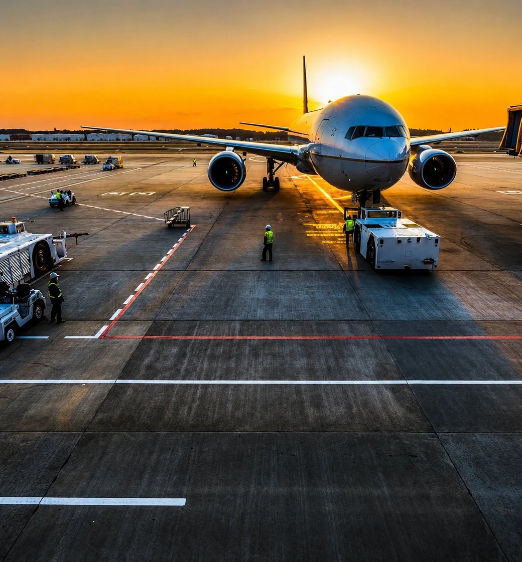 Aircraft on the apron at sunset protected by BCMS VENTUR aviation safety