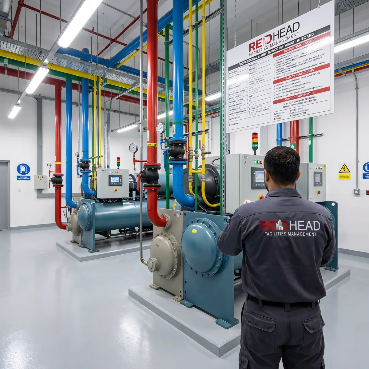REDHEAD engineer inspecting a central chiller plant room